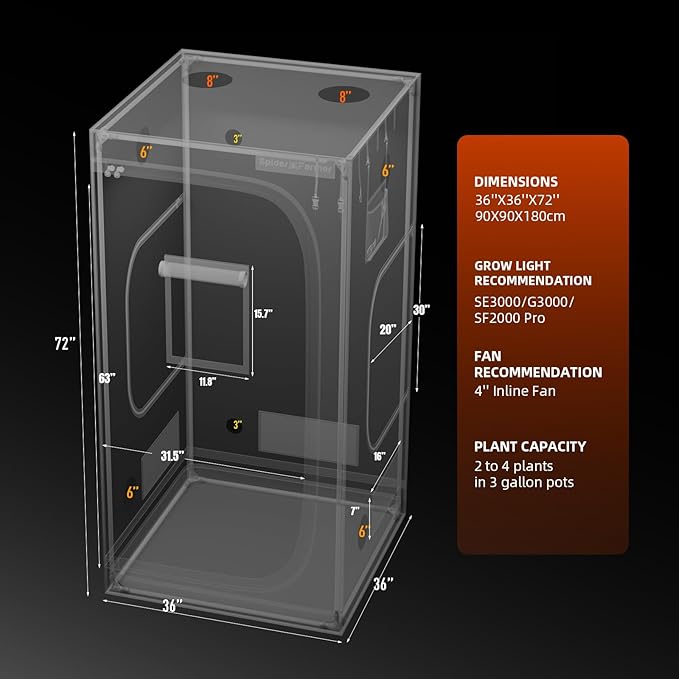 Spider Farmer 3x3 Grow Tent 2025 New 36x36x72 with Hook for Controller and Power Strip Enlarged View Window 1680D Thicken Mylar Canvas for Indoor Hydroponic Growing for SF2000Pro SE3000 G3000