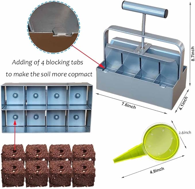 Handheld Soil Blocker Tool Kit - 8 Cell Heavy Duty 2 Inch Soil Block Maker for Seedlings Cuttings Greenhouses and Gardens (Ergonomic Design Durable Metal Construction)