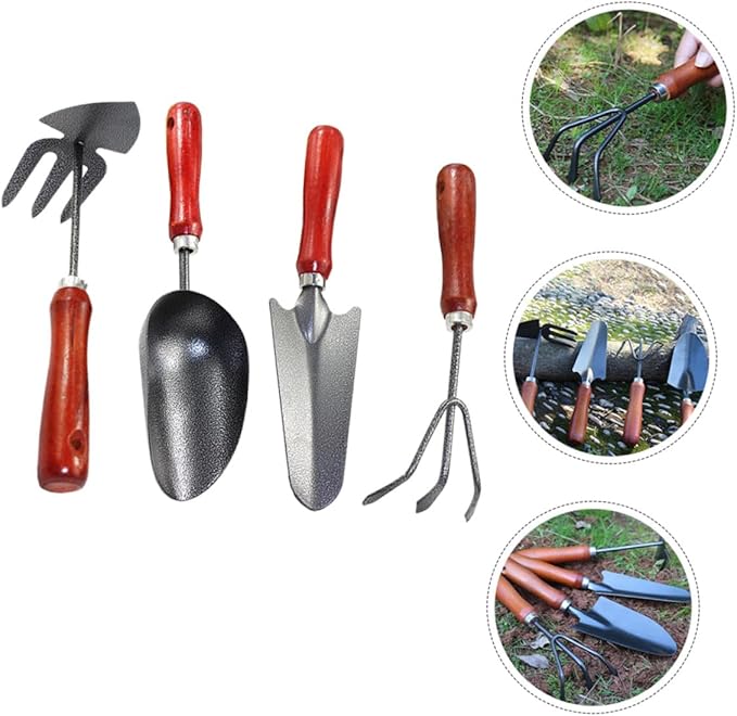 UPKOCH 4pcs Gardening Tool Set with Hand Trowel Narrow Extended Shovel Dual-use Hoe and Rake Three-Prong Hand Rake – Mini Garden Tools for Planting Digging and Soil Cultivation
