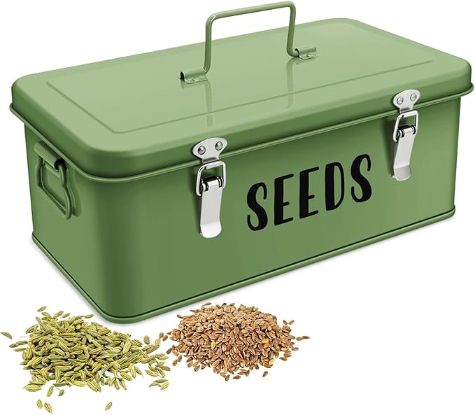 Flexzion Seed Saving Box - Metal Seed Storage Organizer Box with Lid 4 Spacious Compartments Storage Bin for Garden Tools &amp More with Safety Locks Green