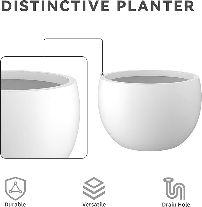 Kante 19.915.711.8 Dia Round Concrete Planter Set of 3 Outdoor/Indoor Large Bowl Plant Pots with Drainage Hole and Rubber Plug for Garden Patio Balcony Home Pure White