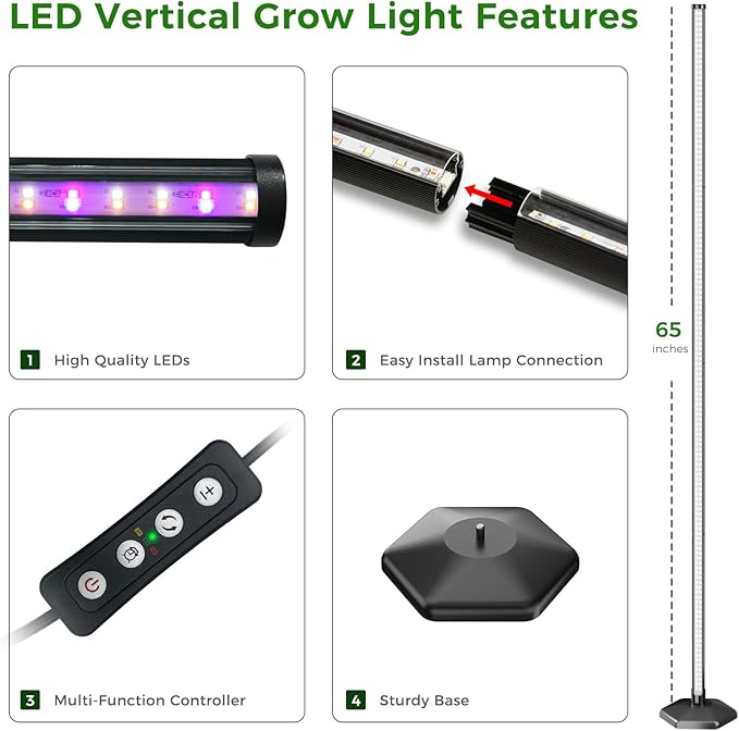Grow Lights for Indoor Plants with Timer 192 LEDs 42W Vertical Full Spectrum Grow Light 65 Inch Standing Grow Lights 3 Light Modes 5-Level Dimmable Wide Coverage