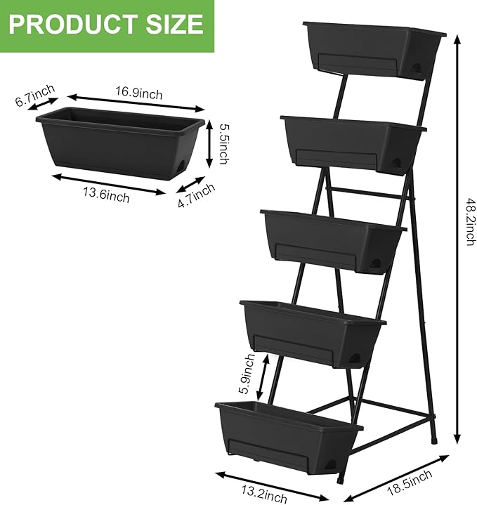 5 Tier Vertical Raised Garden Bed Planter Box Vertical Raised Bed with Drainage Holes for Indoor Outdoor Herbs Flowers Vegetables Plants Black