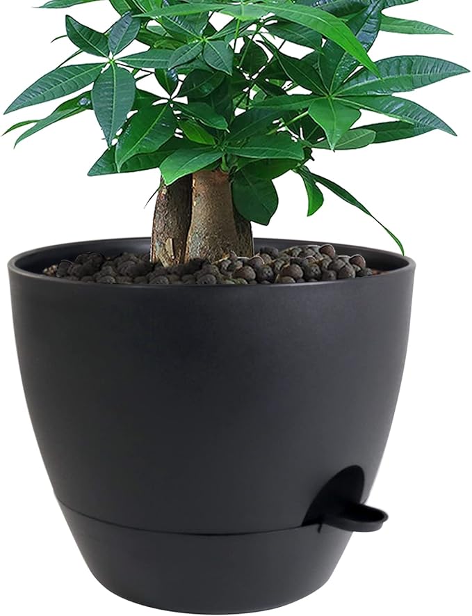 12 inch Large Self Watering Pots Plastic Planters with 60oZ Removable Deep Reservoir and Multi Mesh Drainage Holes for Indoor Outdoor Garden Plants and Flowers Black