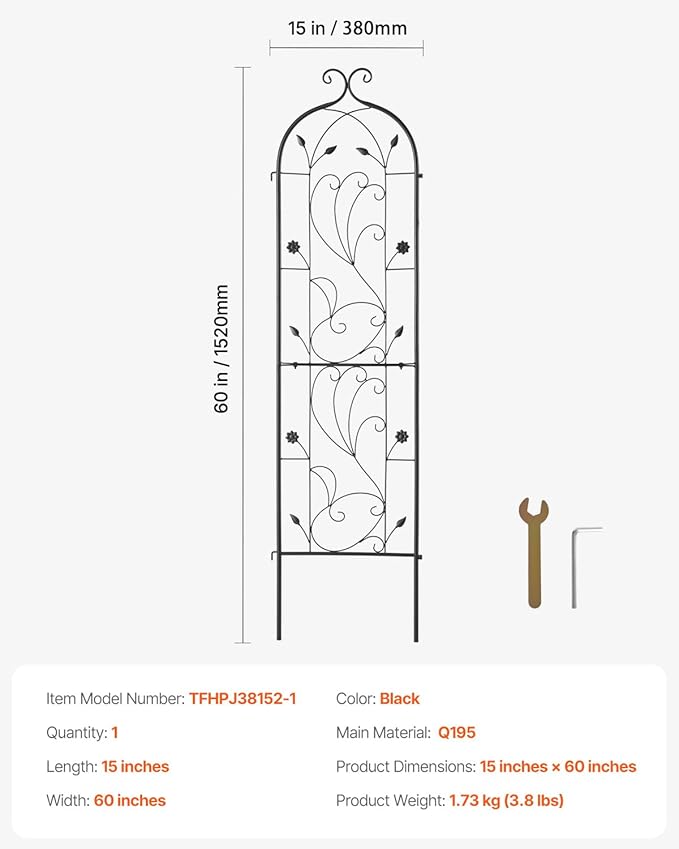 VEVOR 60 x 15 in Rustproof Metal Garden Flower Trellis Outdoor Climbing Rose &amp Cucumber Support Decorative Tall Clematis Trellis for Courtyards &amp Lawns