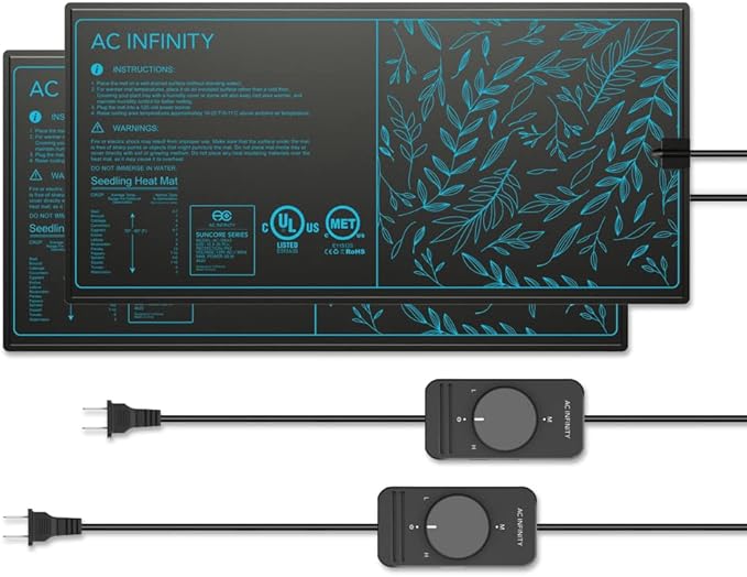 AC Infinity SUNCORE A3X2 Dual Waterproof Seedling Mats with Heat Controllers 10 x 20.75 UL &amp MET Certified Heating Pads for Indoor Gardening Hydroponics Germination Cloning