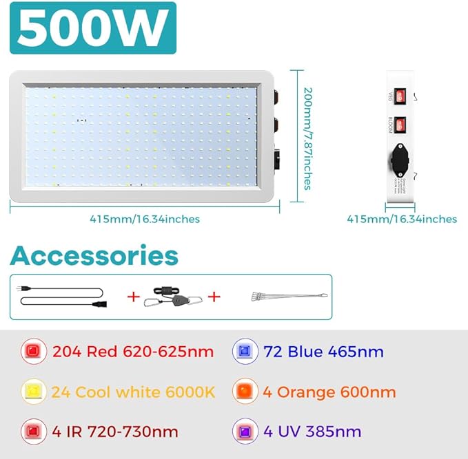 2pcs 500W LED Grow Lamp Red Blue Full Spectrum Plant Lamps 312leds Fill Lights Veg/Bloom Modes Dimmable Sunlight Greenhouse Hydroponics 100-277V Indoor UV IR Seeds Cultivation Light with Hook US Plug