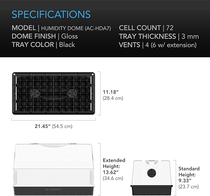 AC Infinity Large Humidity Dome Heavy-Duty Germination Kit with 3 mm Thickest Clear Dome Sturdy Drip Tray 6x12 Cell Seedling Tray Vented Height Extension Panels for Seed Starting Cloning Plants