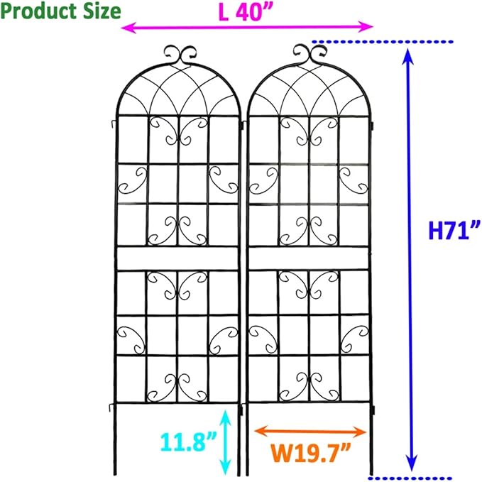 Metal Garden Trellis Rustproof Arched Fence for Climbing Plants Outdoor Flowers Vegetables Elegant Flower Trellis for Garden Decor Wall Brackets Black &amp White 71 x 19.7 (Black 2 Pack)