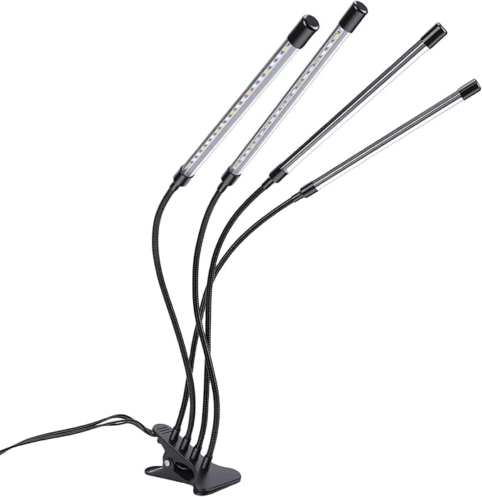 LED Grow Lights Full Spectrum 10 Dimmable Levels 3 Timer Indoor Plant Light with Gooseneck On 3 Light Modes Red Blue Warm Ideal for Balconies Greenhouses Dark Rooms and (4 Head 16W)
