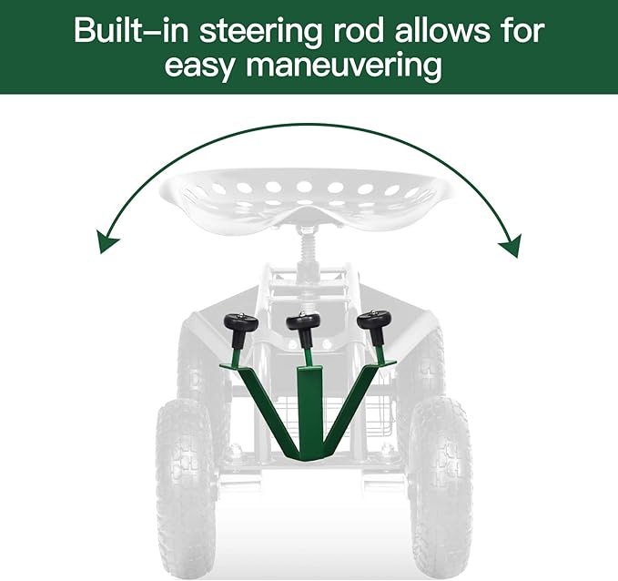 Giantex Garden Cart with Seat Rolling Garden Seat with Wheels Tools Basket 360 Swivel Gardening Workseat Adjustable Height Wagon Scooter for Patio Lawn Yard Outdoor Steerable Stool (Green)