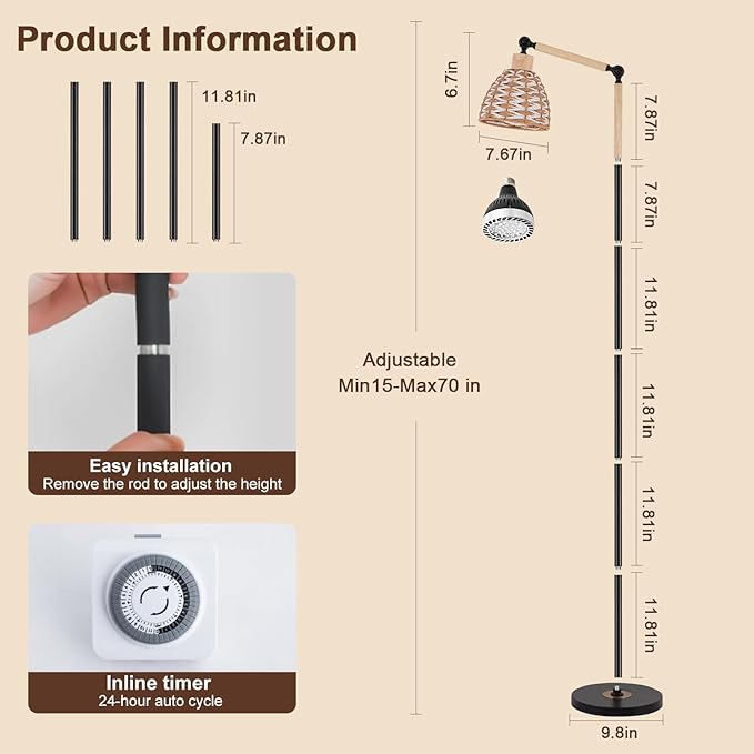 30W Standing Grow Light Plant Growth lamp 70 inch Indoor Full Spectrum Plant lamp 4000K Floor Standing Plant lamp Equipped with 24hour Cycle Timer Suitable for Medium and Large Plants