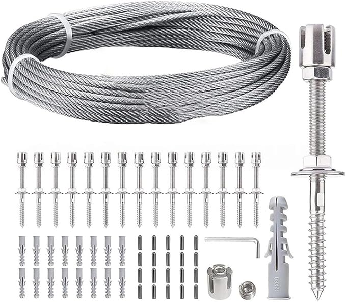 Wire Trellis Kit Stainless Steel Garden Trellis Kit T304 Wire Rope Plant Support System for Climbing Vines Wall Training Outdoor Vertical Garden Decor with Tools and Accessories(12 meters)