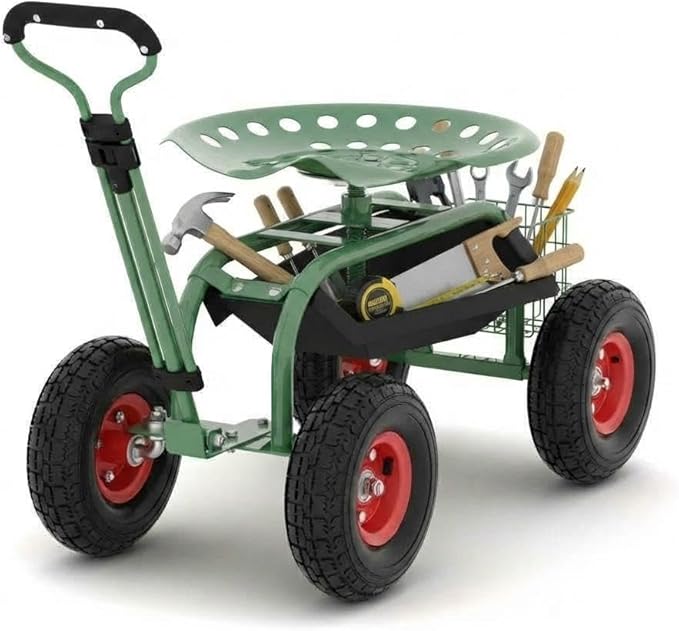 Garden Cart Workseat with Wheels Rolling Gardening Stool with 360° Swivel Seat Wagon Scooter with Steering Handle &amp Utility Tool Tray for Planting Weeding Lawn Care