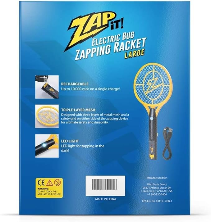 ZAP IT! Rechargeable Electric Fly Swatter Racket - 4000-Volt Mosquito Zapper with USB Charging and LED Light - Large - Safe 3-Layer Mesh Bug Zapper Racquet for Indoors and Outdoors - Yellow