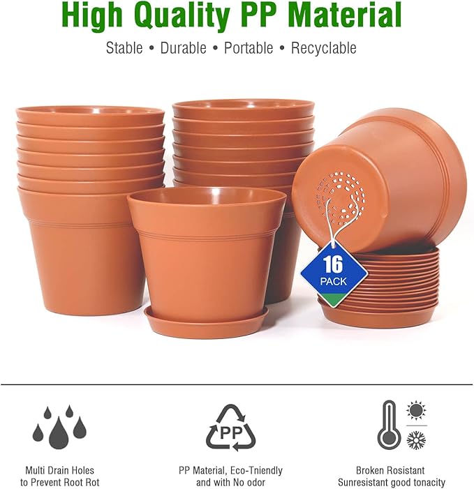WOUSIWER 16 Pack 6 inch Plastic Planters Plastic Indoor Planter Flower Pots Heavy Duty and Stylish 6 Inch Plant Pots for Indoor Plants with Drainage Holes and Tray for Plants Flowers Terracotta