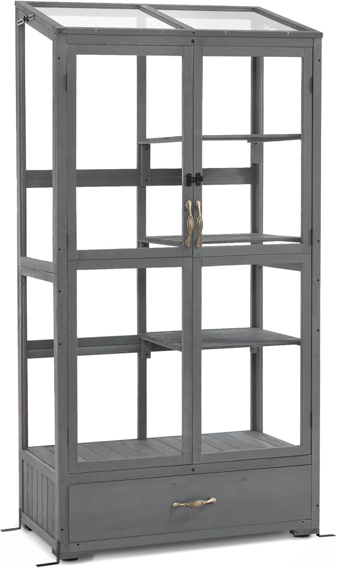 Macrout Cold Frame Greenhouse Tall Wooden Greenhouse for Outdoor Indoor Use with Polycarbonate Panels 3 Tier Garden Cold Frame with Drawer and Shelves 0864 (Dark Grey)