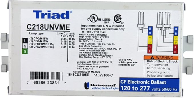 Universal C218UNVME - 2 Lamp - 18 Watt CFL Ballast - 120/277 Volt - Programmed Start - 1.05 Ballast Factor