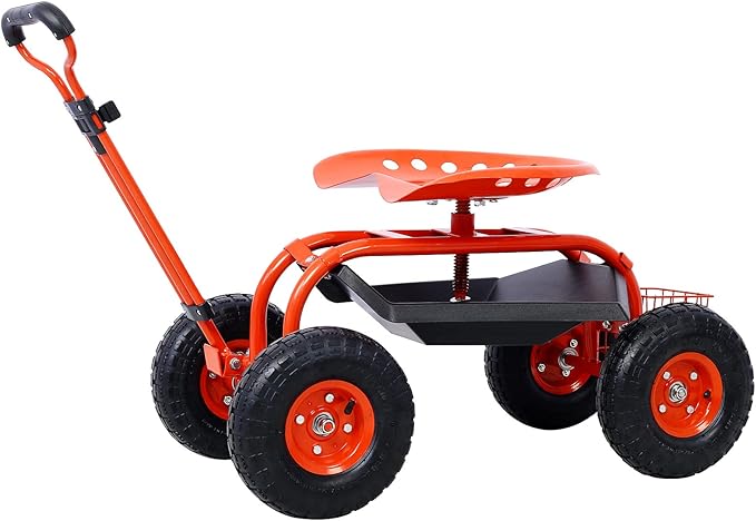Garden Cart Rolling Scooter - Features Extendable Steer Handle Swivel Seat and Utility Tool Tray (Red)