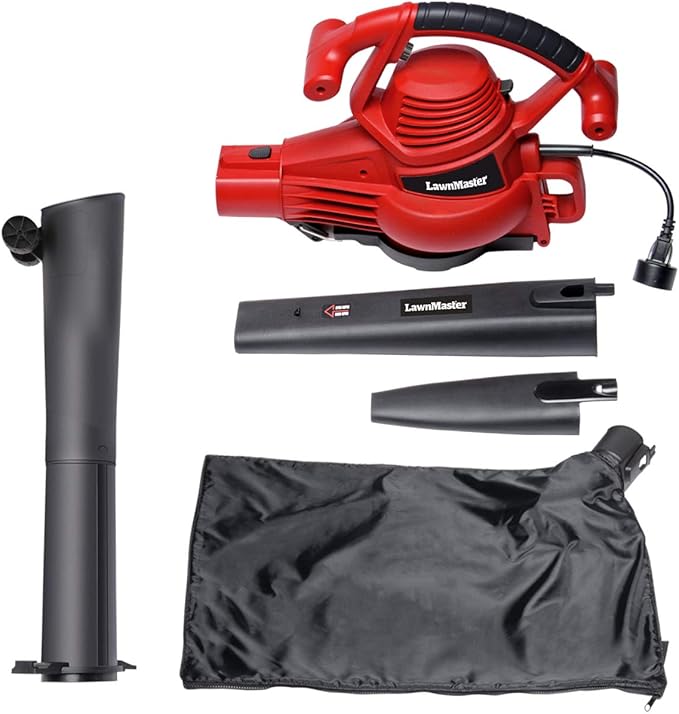 LawnMaster Red Edition BV1210E 1201 Electric Blower Vacuum Mulcher 12 Amp Variable Speed with Metal Impeller 240 MPH 380 CFM 16:1 Mulch Ratio