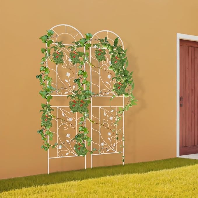 2 Packs 82.6x20 inch Metal Garden Trellis for Climbing Plants Outdoor Retro Iron Garden Decor Fences Panels Flower Plant Support Racks for Roses Vegetables Flowers Expandable (White)