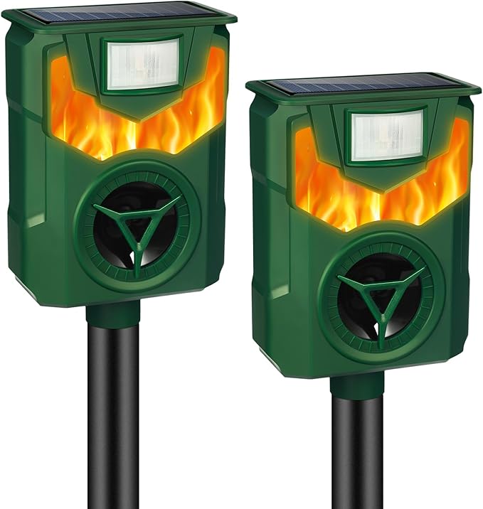 2 Pack 2025 Solar Ultrasonic Repellent Outdoor Deer Repellent Devices with Motion Detection Cat Squirrel Rabbit Deterrent for Yard Waterproof Animal Deterrent Light for Skunk Racoon Rodent Dog Mole