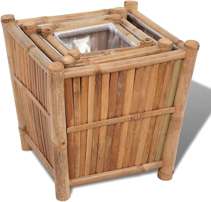 Raised Bed Set 3 Pieces Bamboo with Nylon Lining Unique Plant Pots Large Planters for Outdoor Plants Plant Pots Large Outdoor Pots for Outdoor Gardening Porch Plants