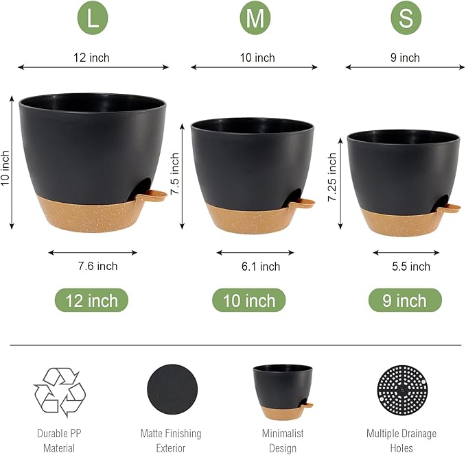 Large Self Watering Pots 12/10/9 Plastic Planters with High Drainage Holes and Deep Reservoir for Indoor Outdoor Garden Plants and Flowers Black with Brown