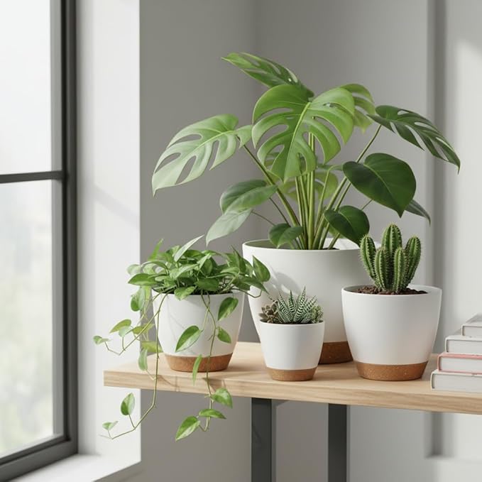 LIFFY Plant Pots 87.576.565.55 Inch Plastic Self Watering Planters with Drainage Holes &amp Saucers 7-Pack White Nursery Planting Pot with Deep Reservoir for Indoor Outdoor Plants