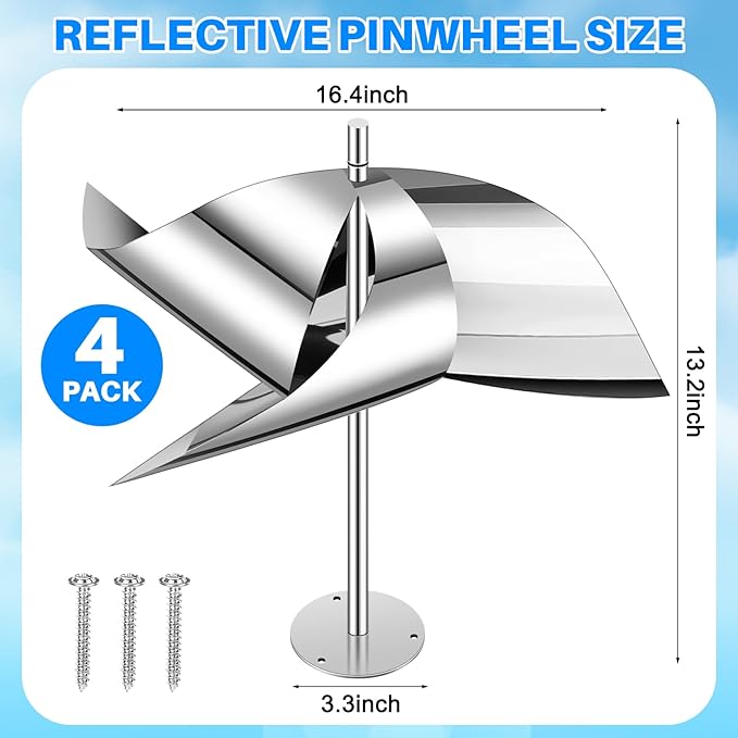 Qualirey 4 Pack Reflective Pinwheel Bird Deterrent Spinning Reflective Kites Bird Scare Device Keep Pigeon Woodpeckers and Sparrows Away Outdoor Use Boats Roofs Vegetable Gardens