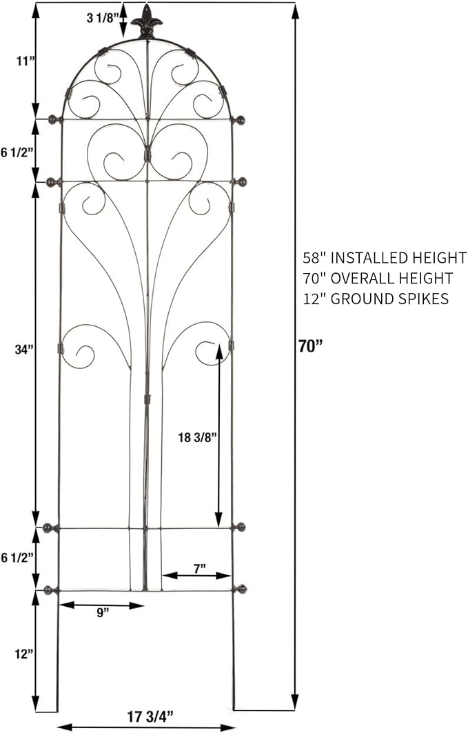 H Potter Metal Garden Trellis 58 Installed Height — 24-Lb Heavy Duty Iron Climbing Trellis for Roses Ivy &amp Clematis — 70 Overall with Ground Spikes