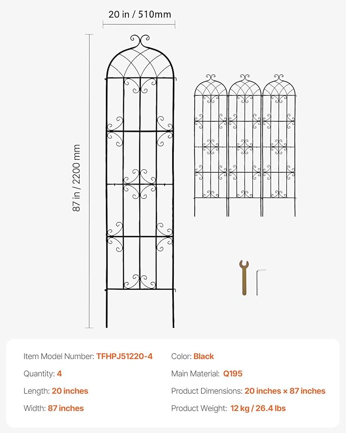 VEVOR Garden Trellis for Climbing Plants 87 x 20 in 4 Packs Rustproof Metal Garden Flower Rose Trellis Outdoor Climbing Clematis Trellis Cucumbers Support for Courtyards Lawns