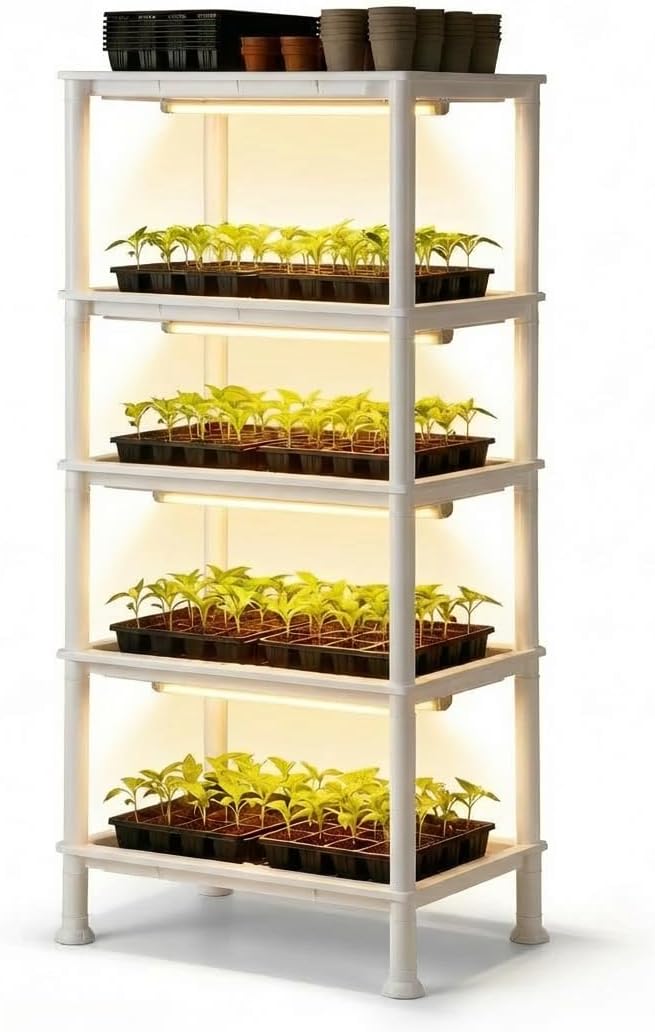 5-Tier Seed Starter Trays Plant Stand with LED Grow Light (Auto-Timer) Bottom Watering Designed for Indoor Greenhouse Plants Fits Small Pots &amp Seedling Cell Trays - White