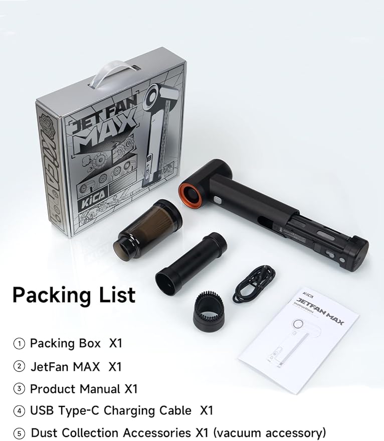 Jet Fan MAX - KiCA Jetfan Car Air Blower and Vacuum Turbo FanElectric Cordless Strong Blower 85000 RMP for Car Window Snow/Leaf ClearingDry MotocycleComputer Dust RemoveOutdootsLong Battery Life