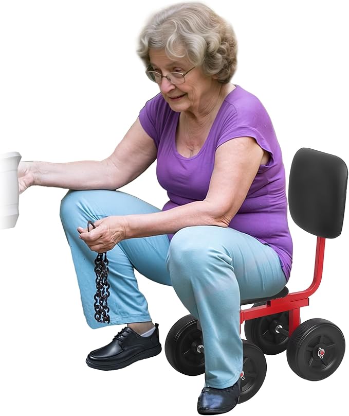 Rolling Garden Work Seat Outdoor Rolling Garden Scooter with Adjustable Seat and Backrest Lawn Yard Stool with Wheels for Gardening Planting