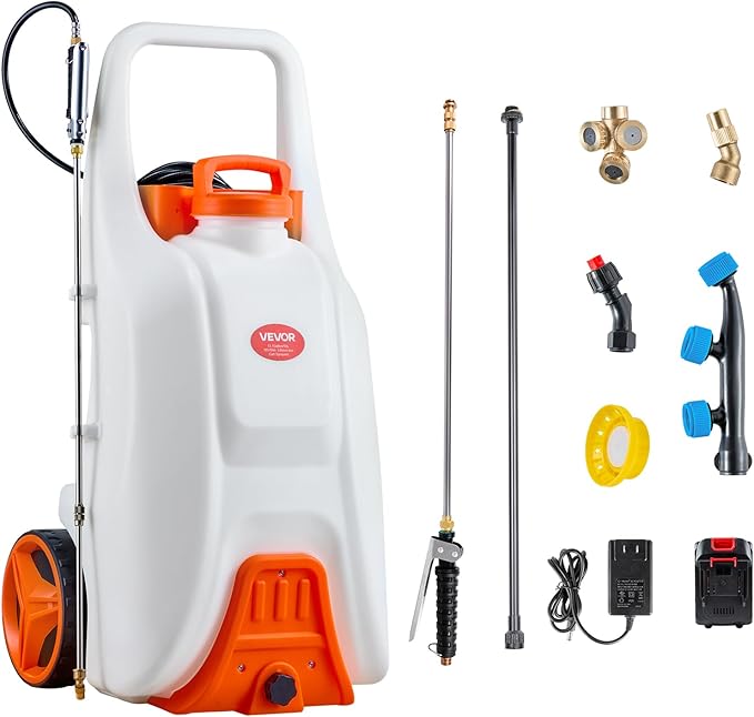 VEVOR 13.1 Gallon Battery Powered Sprayer with Wheels Adjustable 0-80 PSI 5 Nozzles and 98ft Hose Included Orange