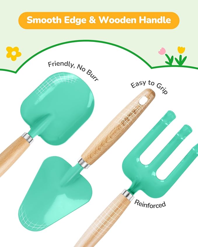 Kids Gardening Set ToysIncludes Metal TrowelTransplanting ShovelGarden hatRakeApronGlovesWatering Canand Tool Organizer Bag (Lake Green)