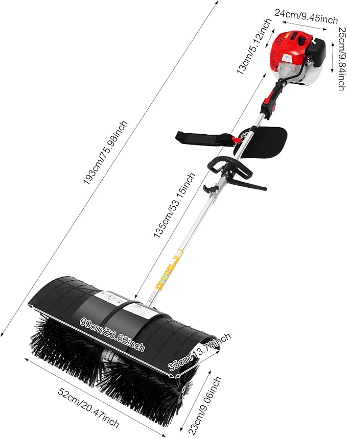 Handheld Power Broom 52cc 2Stroke 2.3HP Outdoor Handheld Sweeper Power Broom for Artificial Turf Walk Behind Sweeper Cleaning Driveway Tools Lawn Cleaner Tools