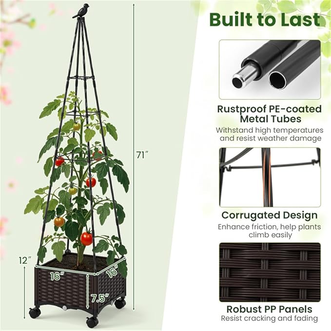 Garden Bed Planter Box with Trellis Tomato Planters for Climbing Plants Vegetable Vine Flowers Outdoor Patio Tomatoes Cage with WheelsPlanter Box with Trellis Easy Assembly &amp Expandable