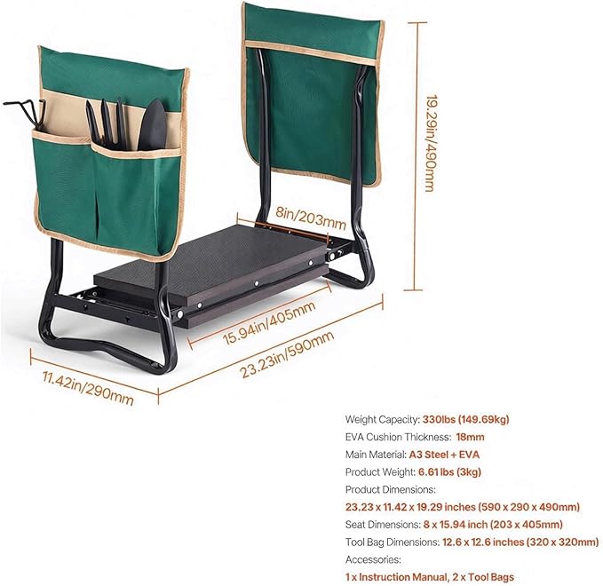 Garden Kneeler and Seat Folding Garden Stool with Thick EVA Pad Heavy Duty Garden Bench with Tool Pouches for Gardening Yard Work