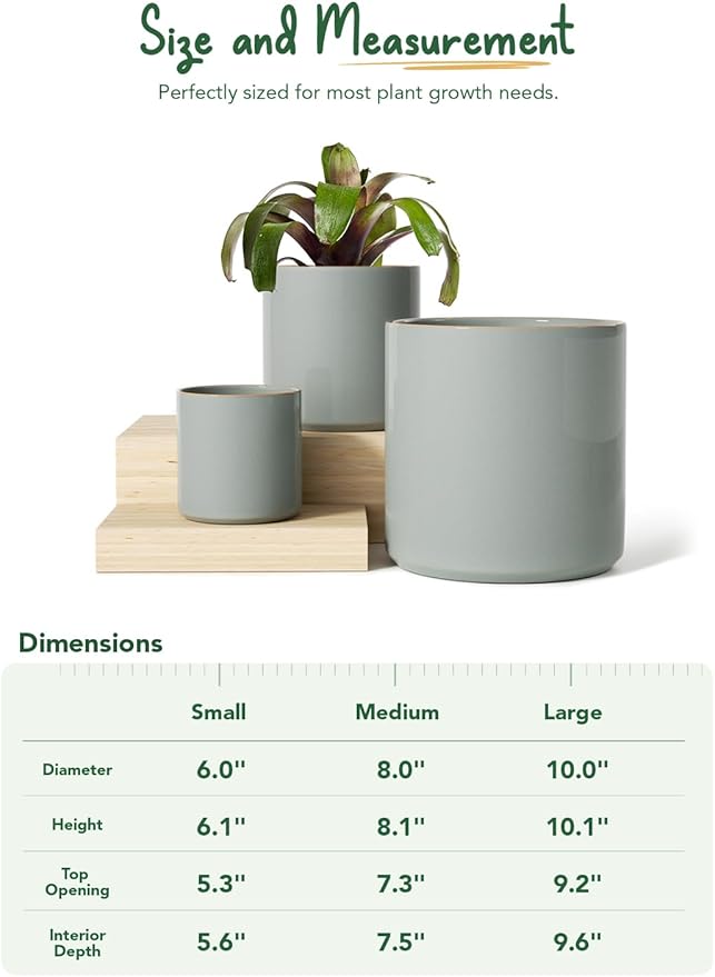 LE TAUCI Ceramic Pots for Plants 10/8/6 Inch Indoor Planters with Draiange Hole Silicone Plug &amp Mesh Pad Modern Minimalist Pots for Home Office Set of 3 Glossy Mist Gray