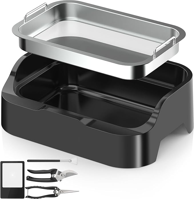 Trim Tray with Replaceable 150 Micron Screen – Includes 2 Precision Scissors Brush &amp Magnifying Glass – Multi-Functional Sifting Tray for Sorting Drying &amp Gardening