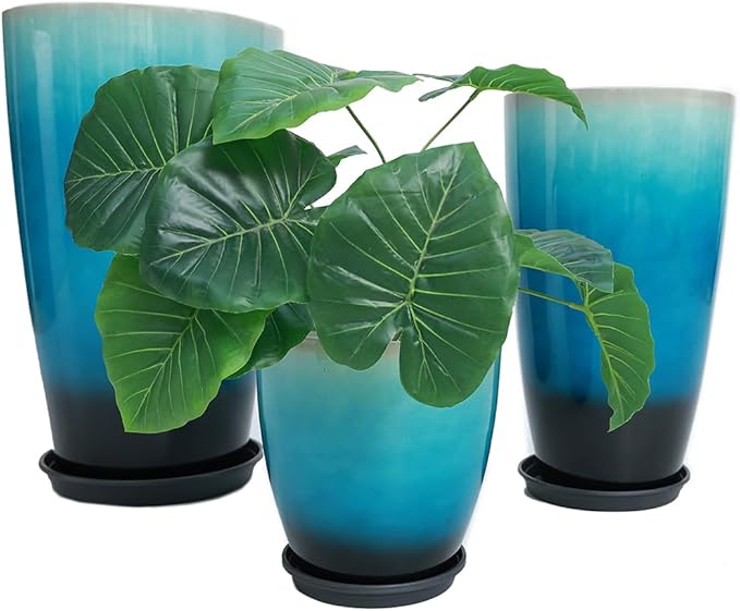 242111 Inch Large Plastic Planters with Drainage Hole and Saucer - Set of 3 Tall Plant Pots Indoor Flower Pot Tall Round Planters Outdoor Large Tall Planter