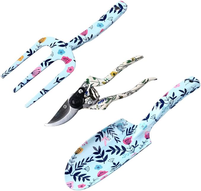 3PCS Garden Tool Set Floral Printing Aluminum Alloy Cultivating Planting Hand Tools Includes Gold Shovel Three Prongs Pruning Scissors Gardening Gifts for Women Birthday