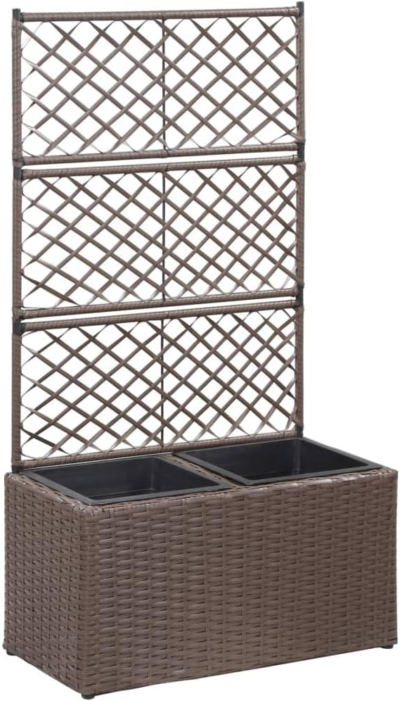Garden Trellis Raised Bed with 2 Pots Lattice Panels Freestanding Poly Rattan Plant Raised Bed for Outdoor Climbing Planting Yard Patio Decoration Brown 22.8 x 11.8 x 42.1