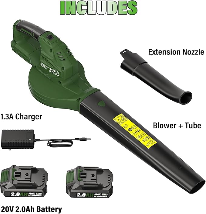 SEYVUM Leaf Blower 20V Cordless Blower with 2 x 2.0Ah Battery Electric Leaf Blowers for Lawn Care 350 CFM 150 MPH Battery Powered Leaf Blower for Patio Garden Cleaning Fast Charger Dark Green