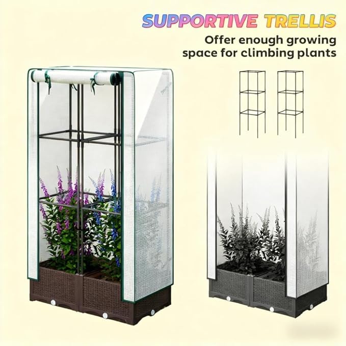 Raised Garden Bed with Built-in Trellis and Weather-Resistant Cover for Outdoor Vegetable and Flower Growing (Brown + White + Polypropylene + Steel)