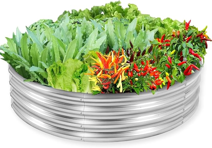 4 ft Galvanized Steel Round Raised Garden Bed Large Outdoor Metal Planter Box Big Flower Plant pots for Patio Backyard Porch Deck Planting Flowers Vegetables and Herbs (Silver 4 ft)