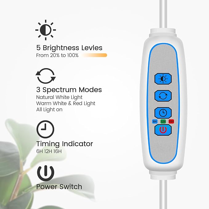 Garpsen Grow Light Full Spectrum LED Plant Lights with Stand 3 Color Modes Floor Grow Lamp with Timer 6/12/16H 5 Dimmable Levels 67'' Adjustable Height for Indoor Large Plants(White)