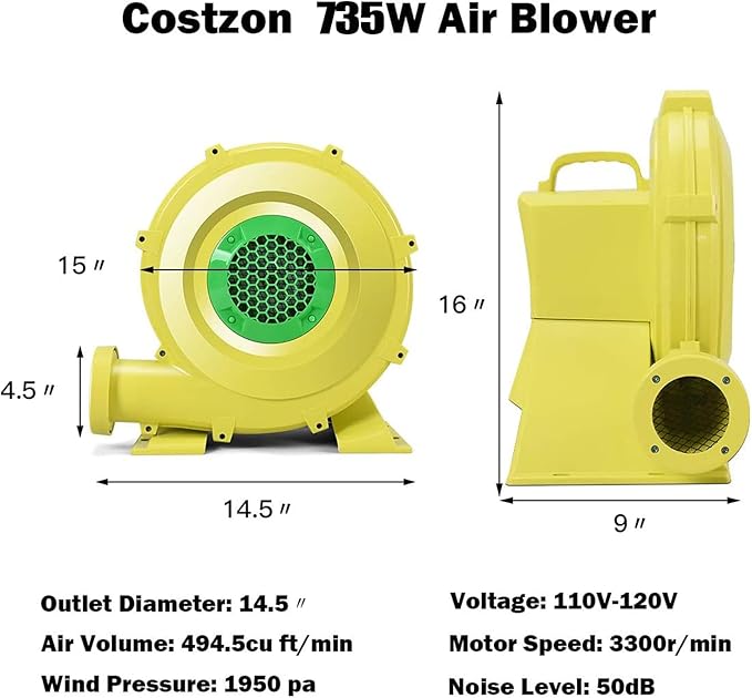 Costzon Air Blower 1.0HP Blower for Bounce House 735W Pump Fan Commercial Inflatable Bouncer Blower Perfect for Inflatable Bounce House Jumper Bouncy Castle Air Blower for Inflatables
